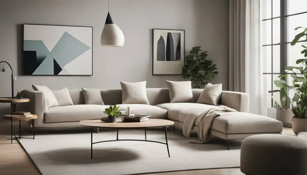 Elegant living room with beige sofa, abstract art, and natural light.