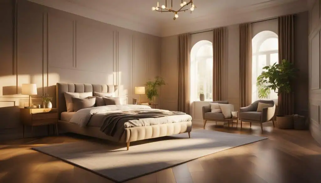 Spacious bedroom with large windows, soft lighting, and modern furniture.