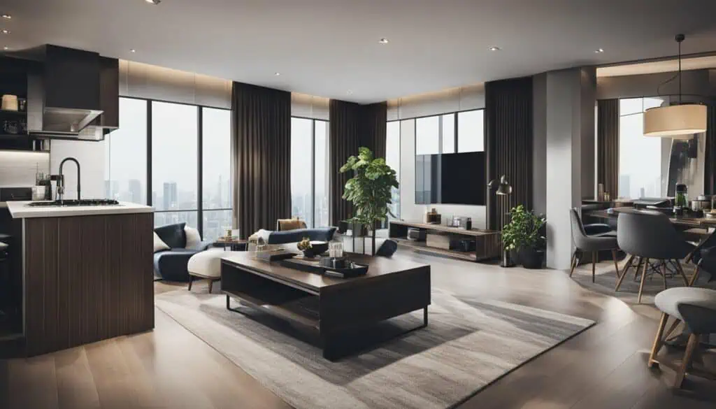 Bright, spacious living room featuring large windows, contemporary furniture, and stylish decor.