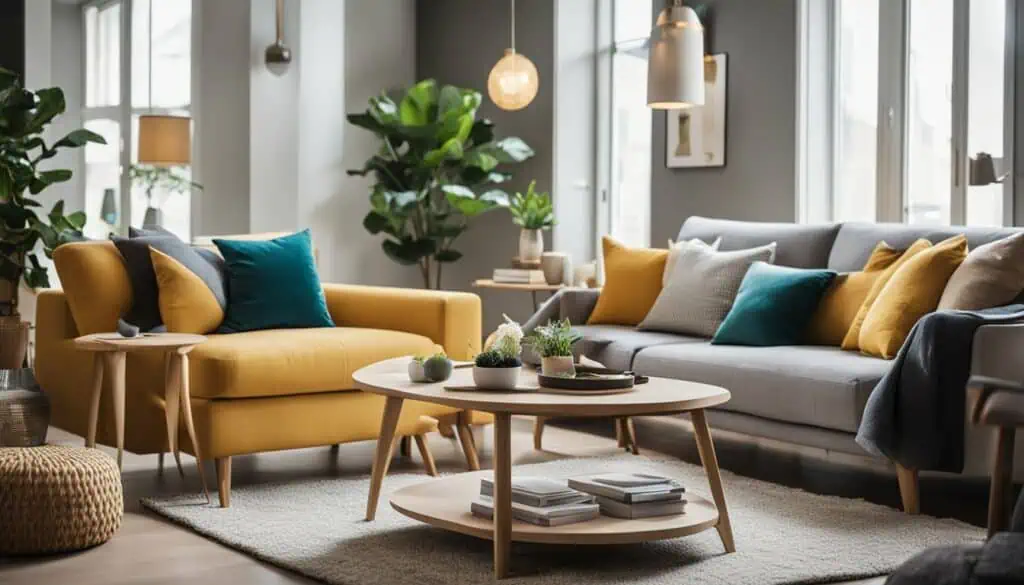 Elegant living room with contemporary furniture, vibrant cushions, and lush indoor plants.
