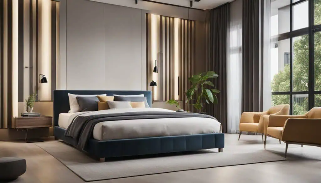 Elegant bedroom with contemporary design, natural light, and cozy seating area.
