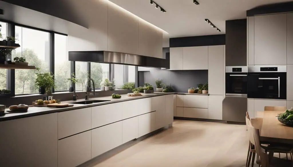 Bright modern kitchen with white cabinetry and natural light from large windows.
