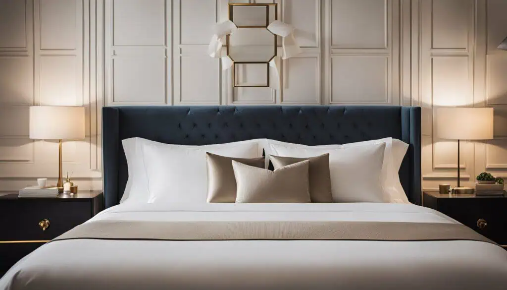 Elegant bedroom with plush bedding and sophisticated decor for a luxurious living space.