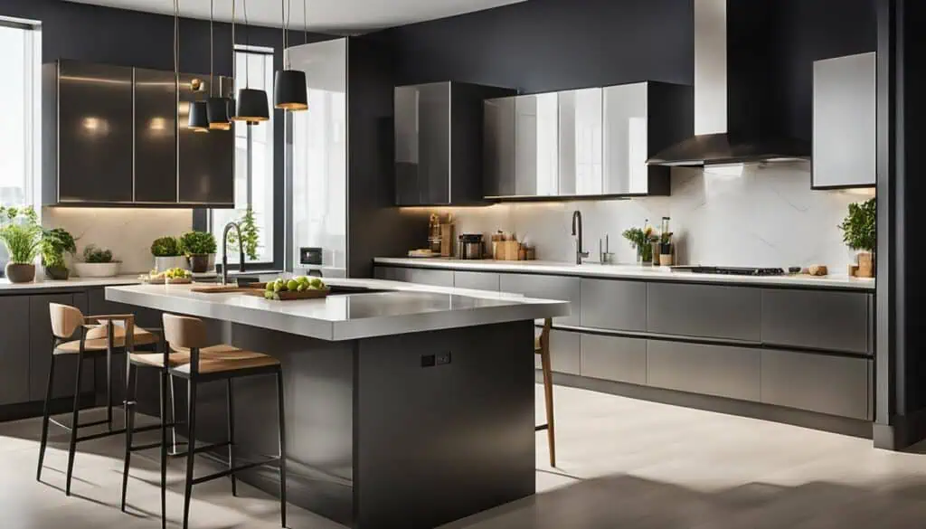 Contemporary black and gray kitchen with island, natural light, and sleek cabinetry.