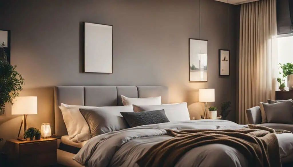 Modern bedroom with cozy bedding, stylish decor, and ambient lighting.