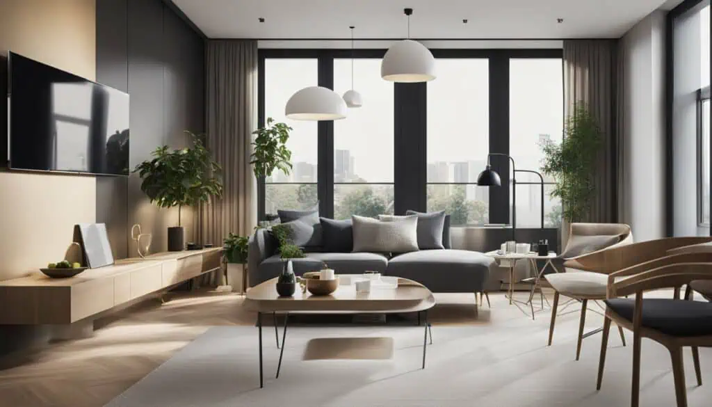 Spacious contemporary living room with large windows, modern furniture, and natural light.