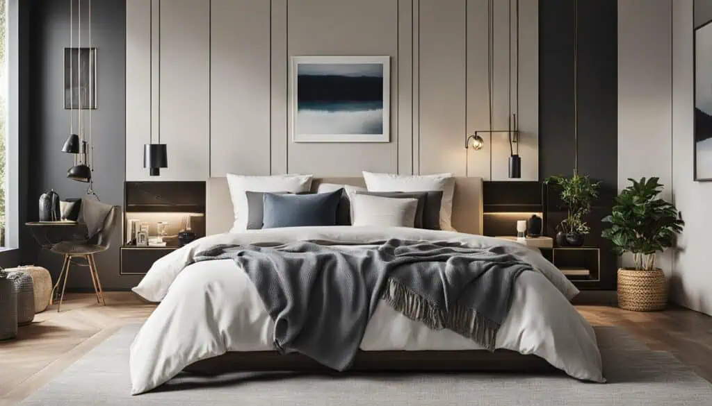Elegant bedroom with stylish furniture and cozy bedding for restful sleep.