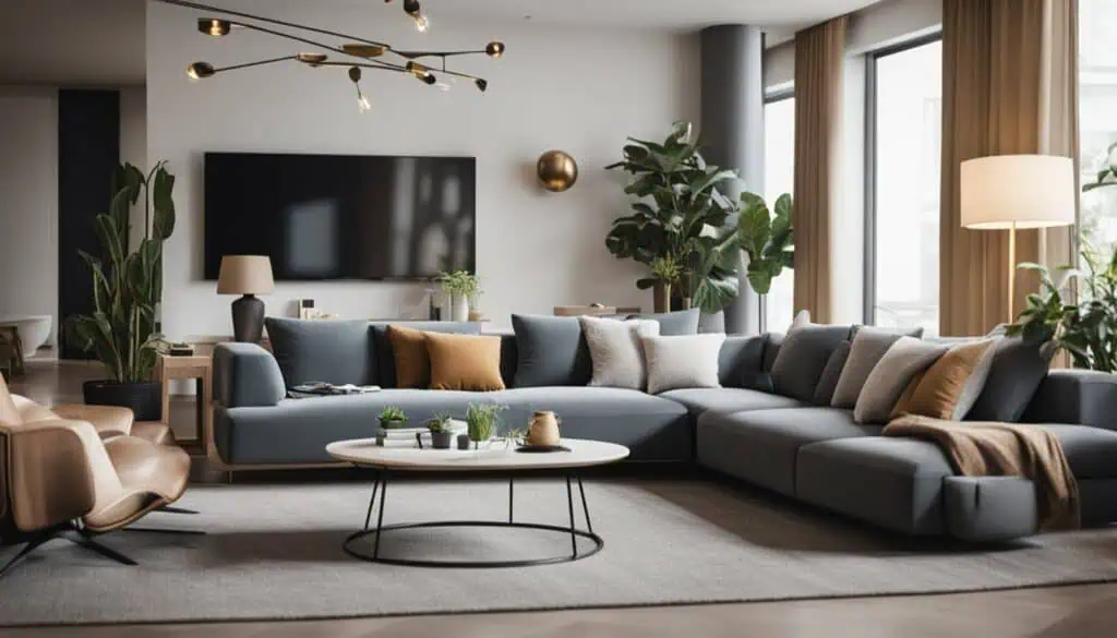 Modern living room with large sectional sofa, flat-screen TV, and lush indoor plants.