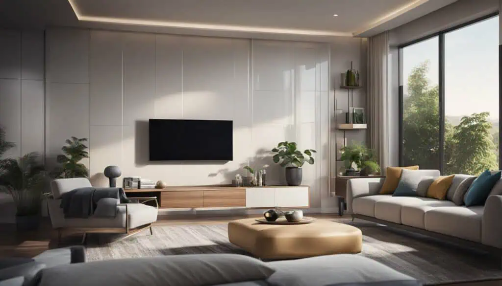 Modern living room with large windows and stylish decor.