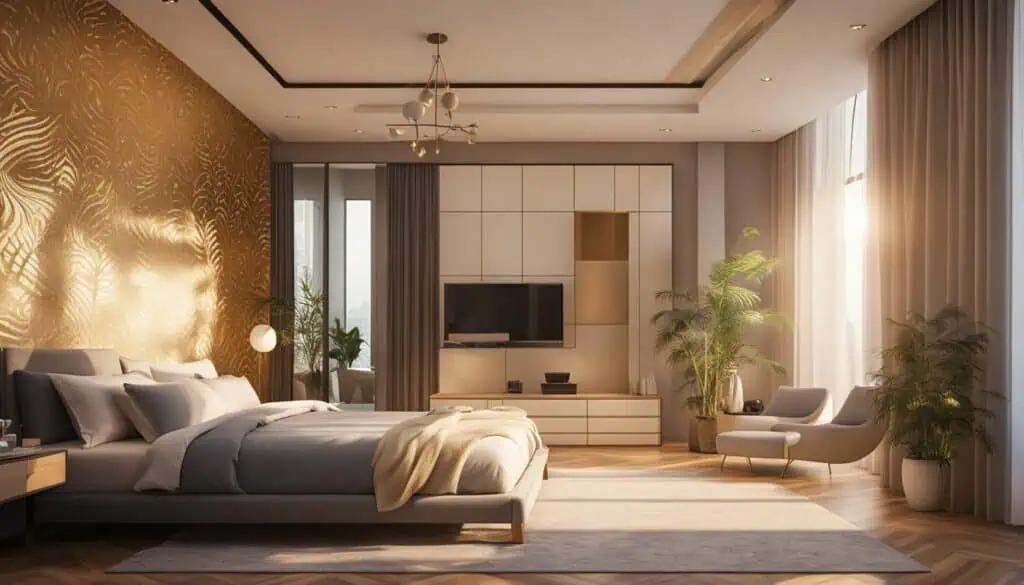Elegant bedroom with modern decor, large windows, and lush indoor plants for a relaxing atmosphere.