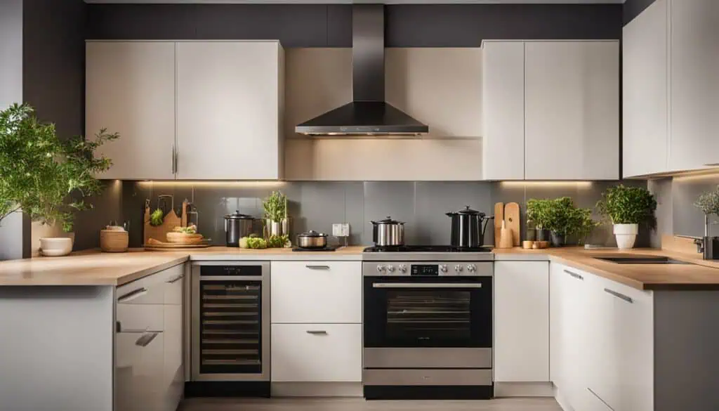 Modern minimalist kitchen with white cabinets, black stove, and green plants for a fresh look.