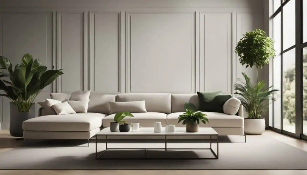 Elegant living room with beige sofa, green plants, and large windows.
