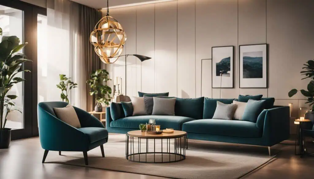 Stylish modern living room with teal sofas and contemporary decor.