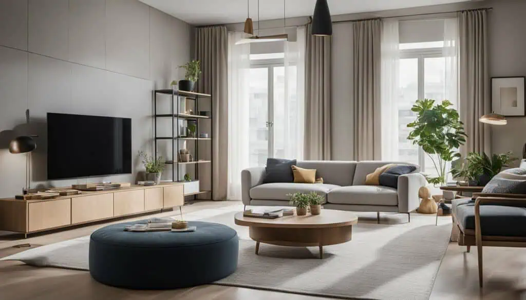 Bright modern living room with sofa, coffee table, and large windows.