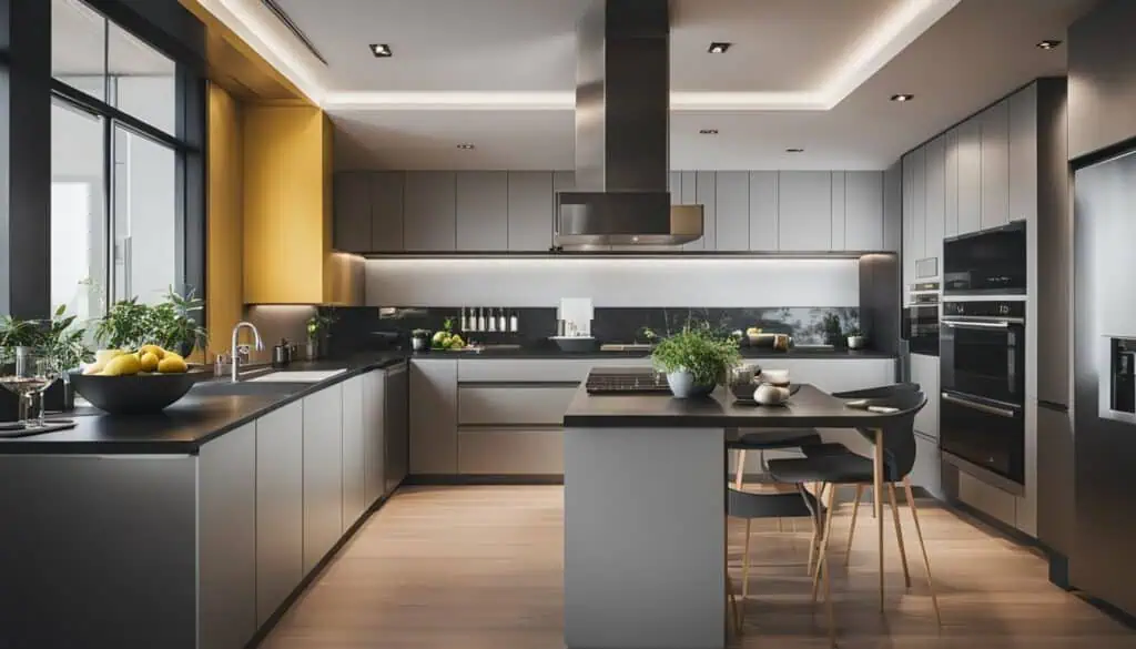 Contemporary kitchen with gray cabinets, black countertops, and natural light.