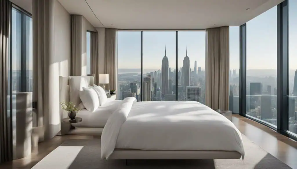 Bright bedroom with large windows overlooking New York City skyline.