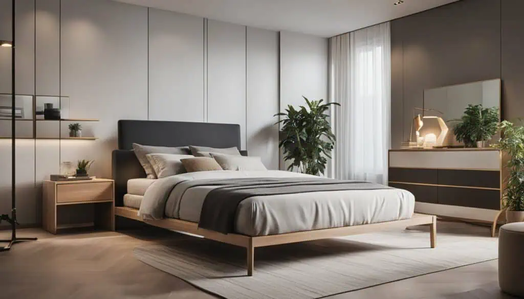 Elegant bedroom featuring contemporary design, neutral tones, and lush greenery for a relaxing atmos.