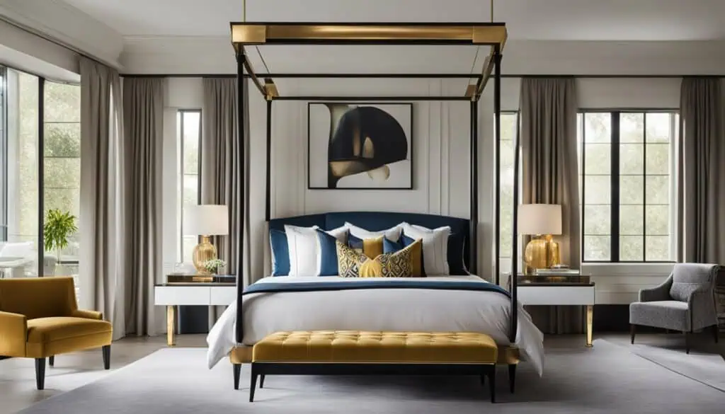 Luxurious bedroom with modern decor, stylish furniture, and elegant lighting.