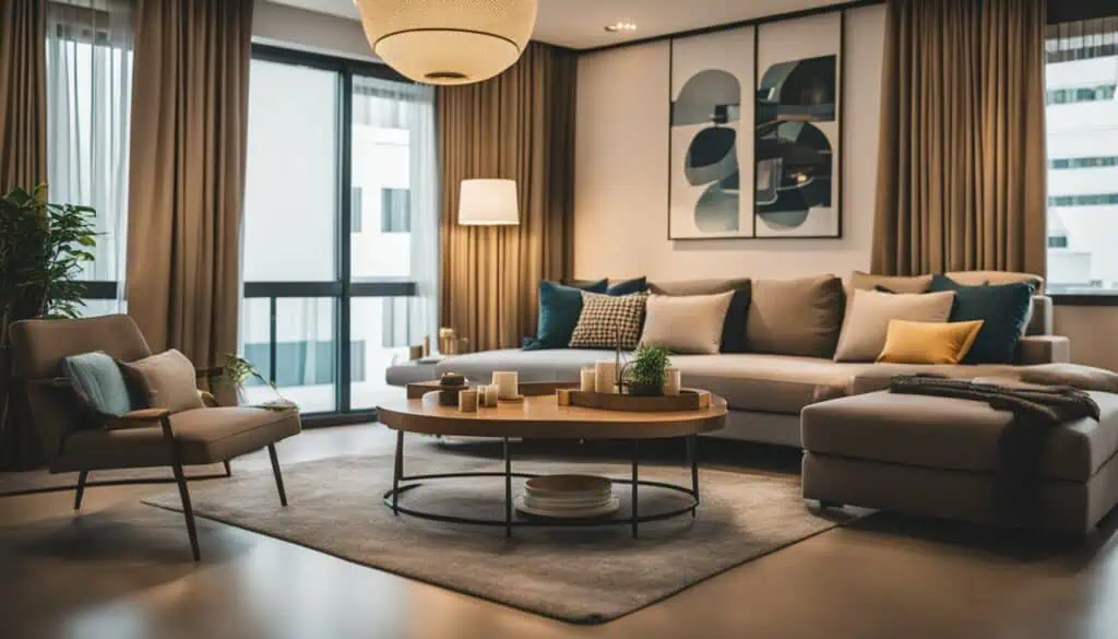 Elegant living room with comfortable sofa, modern decor, and large windows letting in natural light.