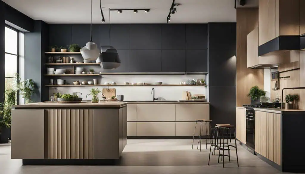 Modern minimalist kitchen with sleek cabinetry and natural wood accents.