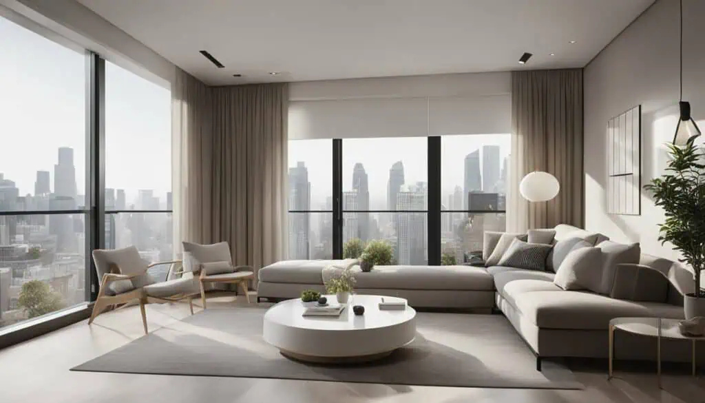 Elegant living room with large windows overlooking a bustling cityscape.