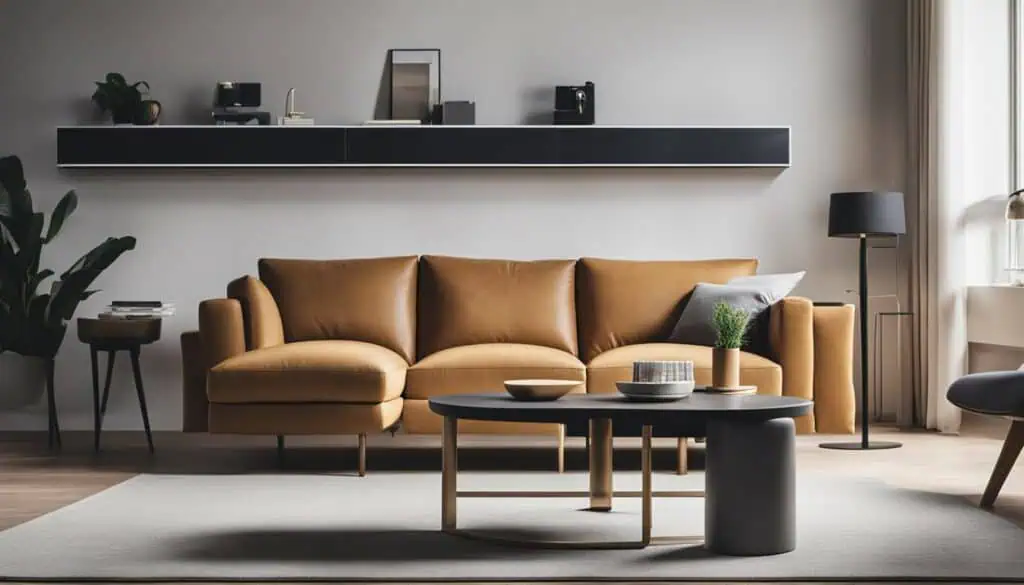 Elegant living room featuring a tan sofa, coffee table, and contemporary accessories.