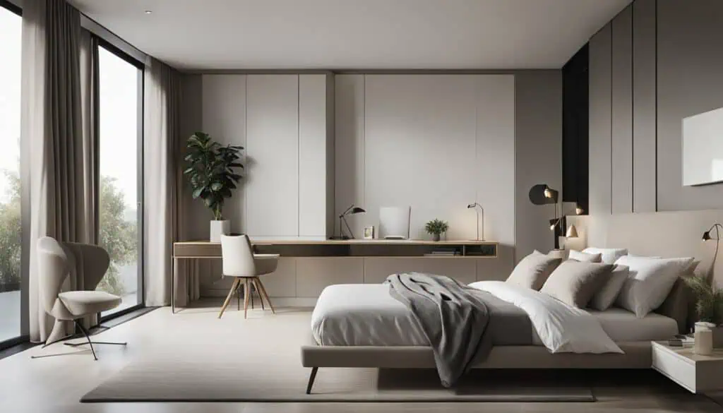 Elegant modern bedroom with large window, neutral tones, and cozy decor.