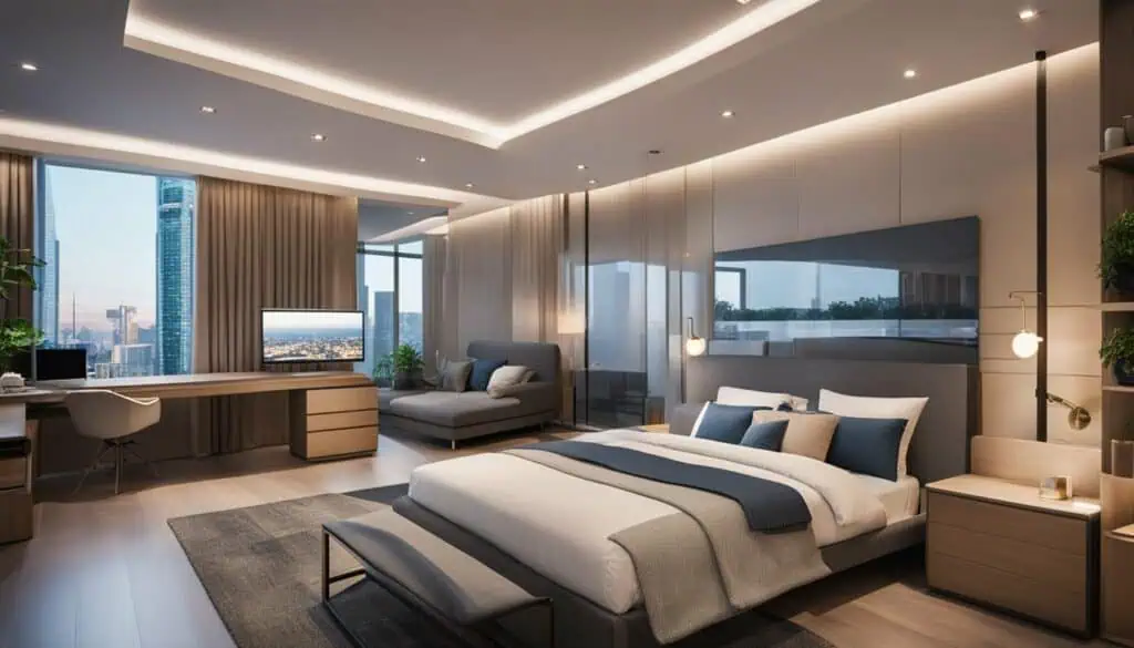 Stylish modern bedroom with city skyline view and contemporary furnishings.