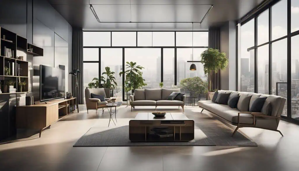 Bright modern living room with large windows, stylish furniture, and indoor plants.