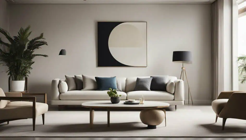 Elegant living room with contemporary furniture and abstract wall art for a chic home aesthetic.