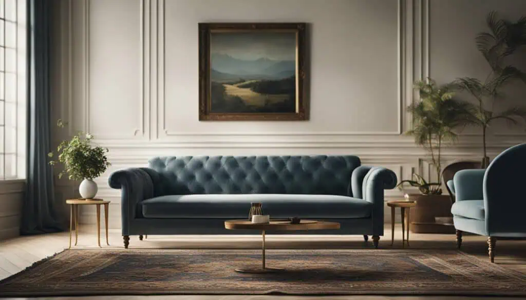 Stylish living room featuring a velvet sofa, side tables, and a framed landscape painting.