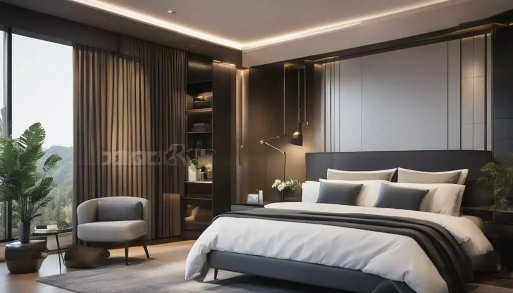 Modern bedroom with stylish decor, large window, and cozy seating area.