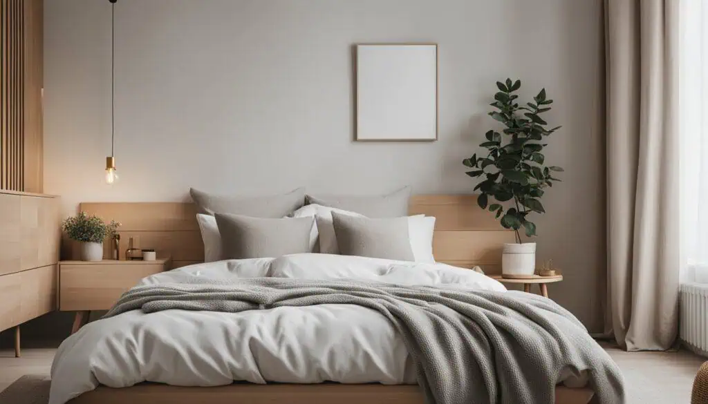 Modern bedroom with neutral tones, soft bedding, and natural light.