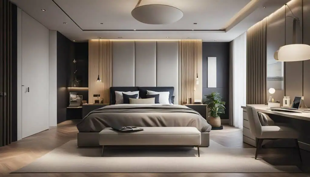 Luxurious bedroom interior with contemporary design, soft lighting, and cozy furnishings.