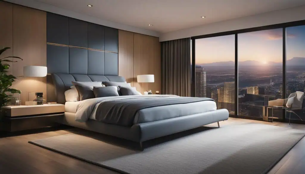 Luxurious bedroom featuring a sleek design and large windows overlooking a city skyline at sunset.