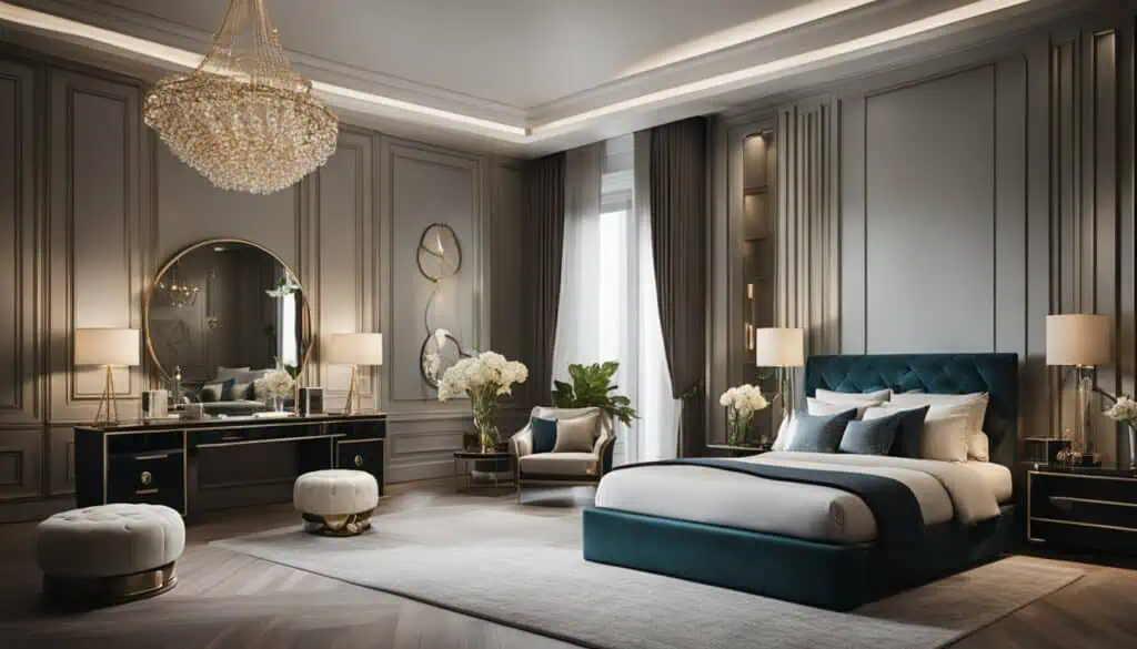 Luxurious bedroom with elegant decor, modern furnishings, and soft lighting.