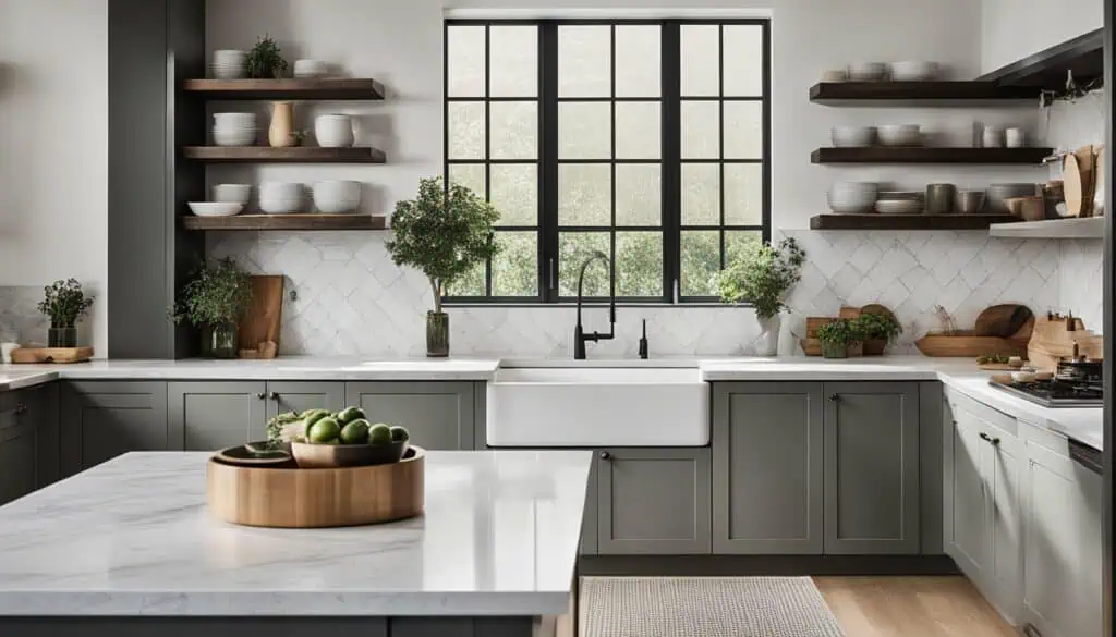 Bright modern kitchen with open shelving, large window, and minimalist design.