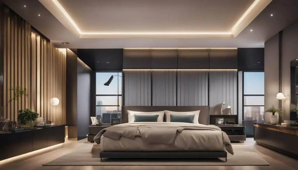 Luxurious bedroom with contemporary decor, soft lighting, and stylish furnishings for a relaxing ret.