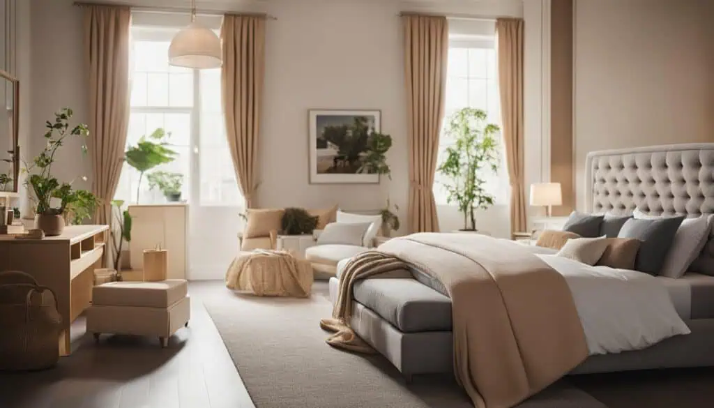 Bright and cozy bedroom with elegant decor and natural sunlight streaming through large windows.