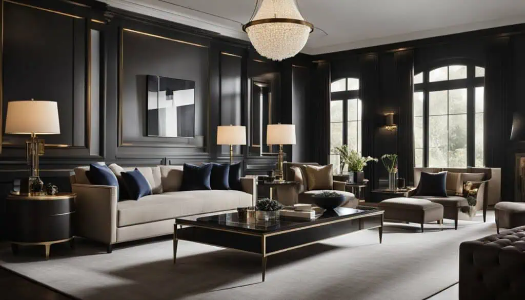 Luxurious living room with dark walls, large windows, and stylish furniture.