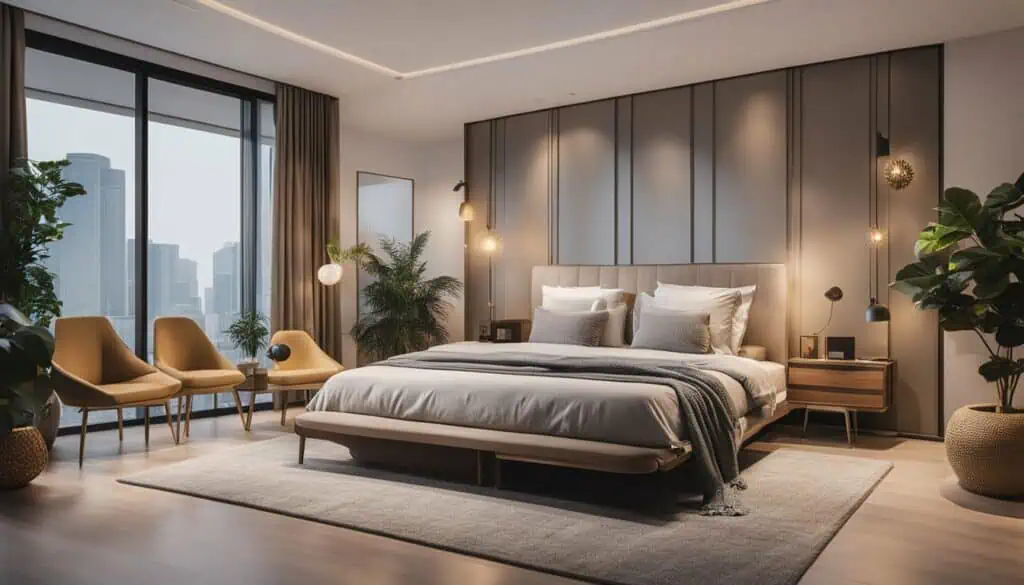 Luxurious bedroom with large windows, city skyline view, and contemporary interior design.