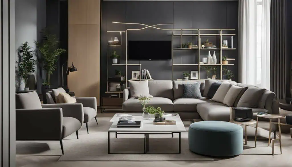 Contemporary living room with modern furniture and elegant decor.