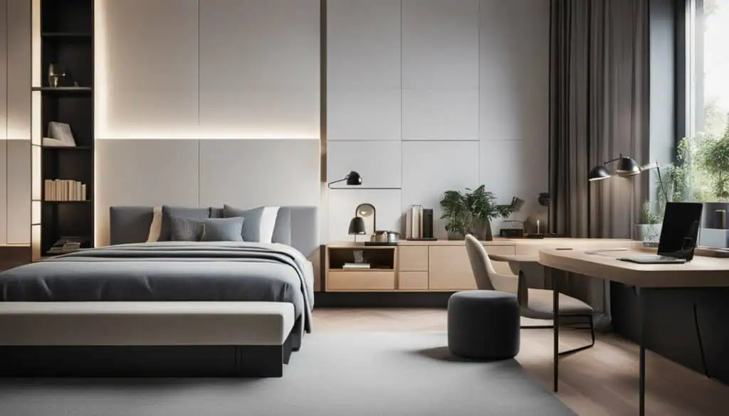 Bright and airy bedroom featuring a workspace, sleek furniture, and large windows for a relaxing, st.