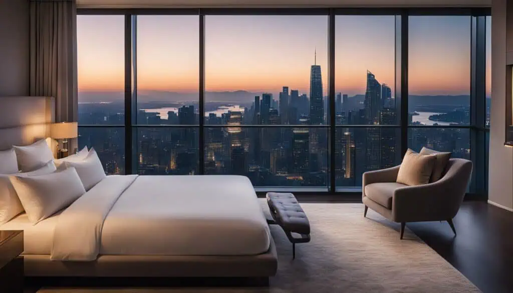 Luxury city skyline view from a modern hotel room at sunset.