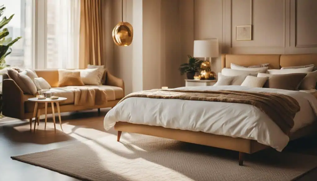 Elegant bedroom with cozy decor and warm lighting.