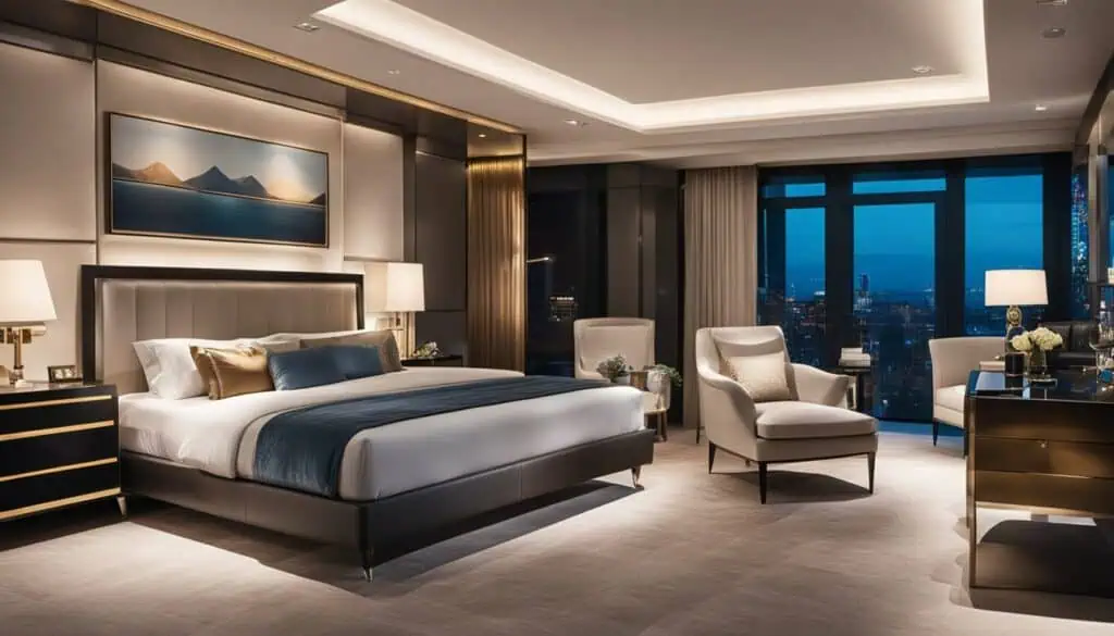 Luxury hotel bedroom with modern decor and city skyline view at night.
