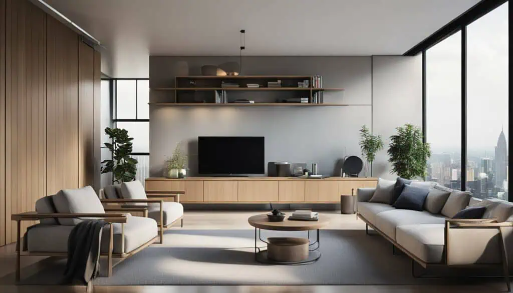 Elegant contemporary living room with large windows showcasing a city skyline. Stylish furniture and.