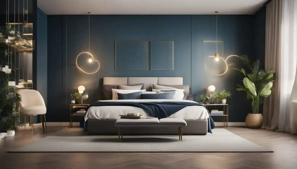 Stylish bedroom with navy blue walls, contemporary lighting, and cozy decor.