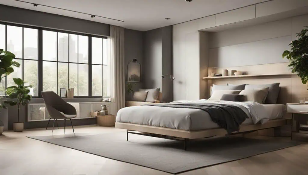 Spacious bedroom featuring a large window, contemporary furniture, and calming neutral tones for a r.