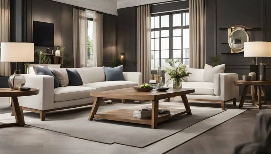 Elegant living room with stylish furniture and large windows for a bright, welcoming space.